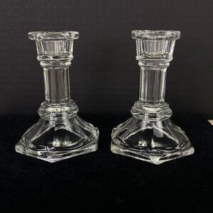 FTDA Clear Glass Taper Candlesticks 4 Inch Set Of 2 Hexagonal Base